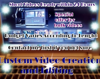 Puede incluir: Una pantalla de portátil que muestra un software de edición de vídeo. El texto en la pantalla dice "Short Videos Ready within 24 Hours", "Special offer for bulk videos", "Budget Varies According to Lenght", "Contact me first if you not sure", y "Custom Video Creation and Editing".