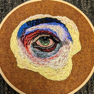 May include: A close-up of an embroidered eye with a swirling pattern of colorful threads on a brown felt background. The eye is green with a black pupil and a red and white iris.