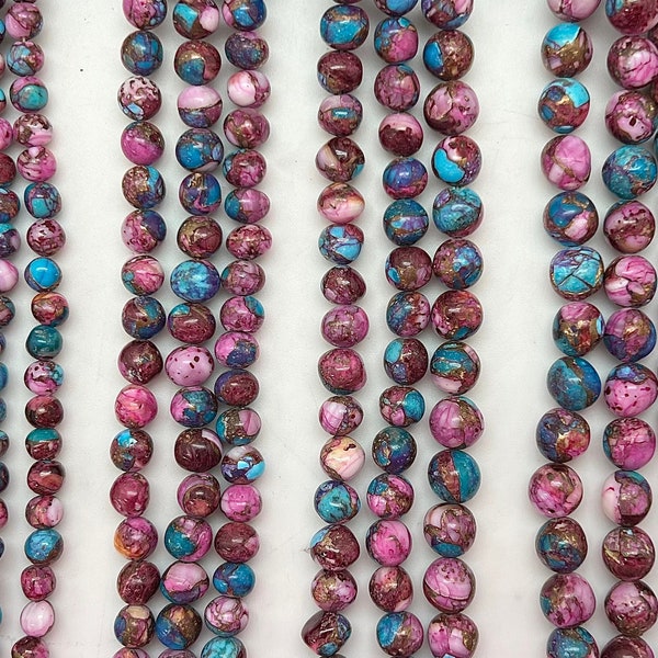 Purple Dahlia Semi-Round Beads - 6-7mm, 7-8mm, 8-9mm, 9-10mm, 10-11mm, 11-12mm - Purple Spiny Oyster & Kingman Turquoise - Sold by 8" Strand
