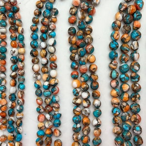 Kingman Turquoise, Spiny Oyster & Bronze Semi-Round Beads - 6-7mm, 7-8mm, 8-9mm, 9-10mm, 10-11mm, 11-12mm, 12-13mm, 14-15mm - 8" Bead Strand