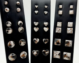 White Buffalo Stud Earrings - Heart, Round & Square Shaped Earrings