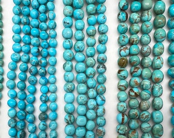 Kingman Turquoise Semi-Round Beads - 3-4mm, 4-5mm, 6-7mm, 7-8mm, 8-9mm, 9-10mm, 10-11mm - Blue, Blue-Green - Sold by 8" Strand