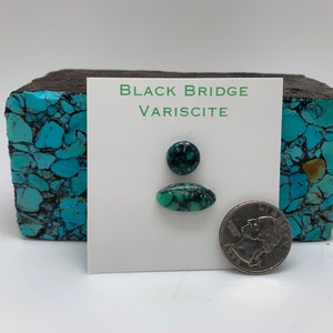 May include: Two pieces of green Black Bridge variscite cabochons, one round and one oval, next to a US quarter for size comparison. The card reads "Black Bridge Variscite".
