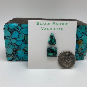 May include: Two pieces of Black Bridge Variscite gemstone, one teardrop shaped and one square shaped, next to a US quarter for size comparison.