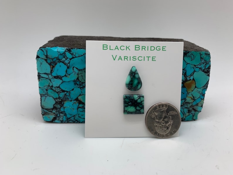 May include: Two pieces of Black Bridge Variscite gemstone, one teardrop shaped and one square shaped, next to a US quarter for size comparison.