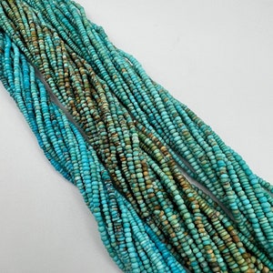 May include: A strand of turquoise beads, featuring a mix of blue and green hues with brown speckles. The beads are small and uniform in size, creating a smooth and consistent look.