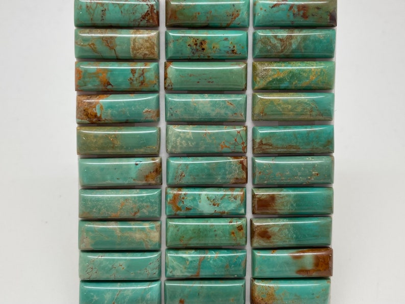 7x20mm RECTANGLE Kingman Turquoise Calibrated Cabochons Sold Individually Sold by Card Stabilized, Natural Color Green w Brown Matrix