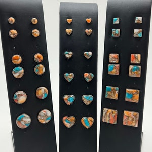 Spiny Oyster Shell & Kingman Turquoise Stud Earrings - Heart, Round, and Square Shaped Earrings