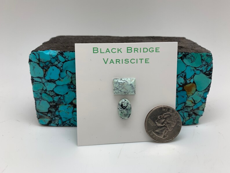 May include: Two pieces of Black Bridge Variscite, one square and one oval, are shown next to a UK 20 pence coin for size comparison. The stones are a light green colour with white veins.
