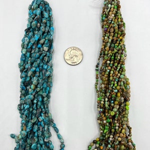 May include: Two strands of turquoise beads, one blue and one green, with a US quarter for scale. The strands are labeled #3 and #4.