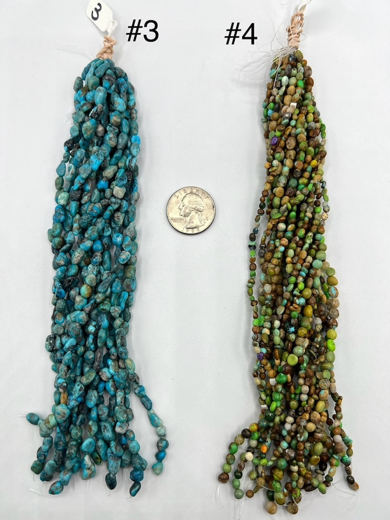 May include: Two strands of turquoise beads, one blue and one green, with a US quarter for scale. The strands are labeled #3 and #4.