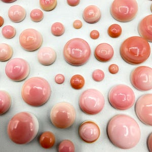 Può includere: Una collezione di perline in conchiglia lisce e rotonde, stile cabochon, in varie tonalità di rosa, dal rosa pallido al corallo intenso. Ogni perlina presenta una superficie lucida e bombata con sottili variazioni di colore naturali.