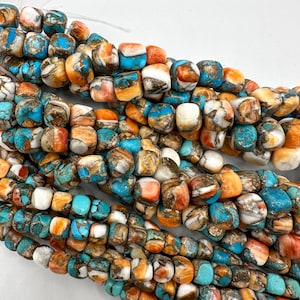 Kingman Turquoise, Spiny Oyster Shell & Bronze Cube Beads - 6-7mm, 8-9mm, 9-10mm, 12-13mm - Sold by 8&quot; Strand