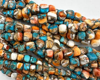 Kingman Turquoise, Spiny Oyster Shell & Bronze Cube Beads - 6-7mm, 8-9mm, 9-10mm, 12-13mm - Sold by 8&quot; Strand