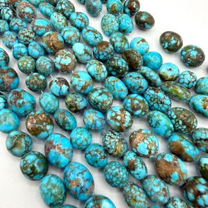 May include: A collection of oval-shaped turquoise beads arranged in multiple vertical strands. Each bead features a vibrant sky-blue base color with intricate, dark brown matrix webbing patterns distributed across the smooth, polished surfaces.