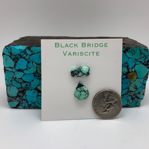 May include: Two pieces of green and black variscite gemstone, one teardrop shaped and one rectangular, on a white card with the text "BLACK BRIDGE VARISCITE". A US quarter is included for scale.