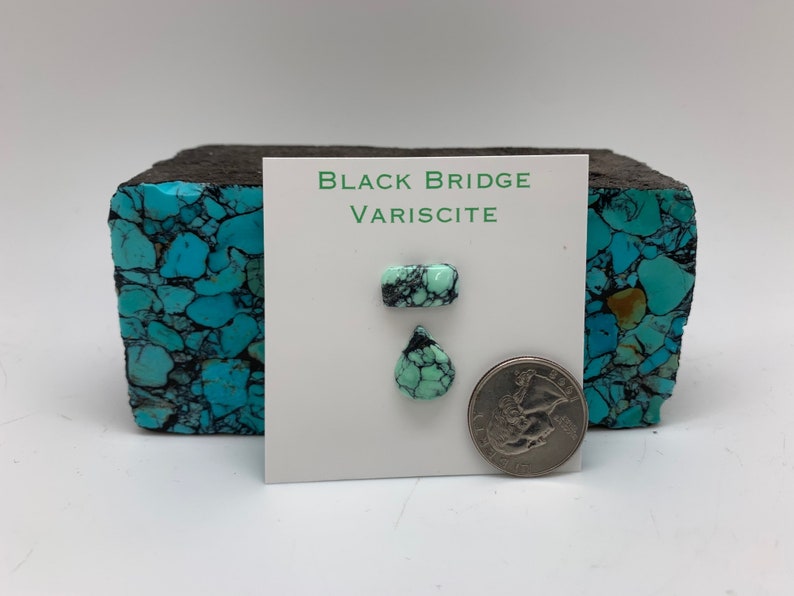 May include: Two pieces of green and black variscite gemstone, one teardrop shaped and one rectangular, on a white card with the text "BLACK BRIDGE VARISCITE". A US quarter is included for scale.