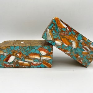 Spiny Oyster Shell, Kingman Turquoise & Bronze - Kingman Turquoise Mine Composite Brick - Sold Individually - Lapidary, Cabochon Making