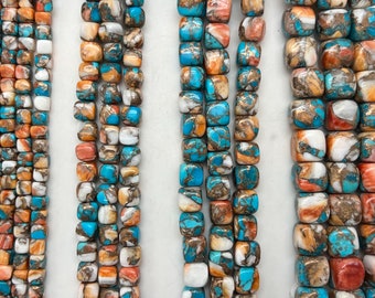 Kingman Turquoise, Spiny Oyster Shell & Bronze Cube Beads - 5-6mm, 7-8mm, 9-10mm, 12-13mm - Sold by 8" Strand