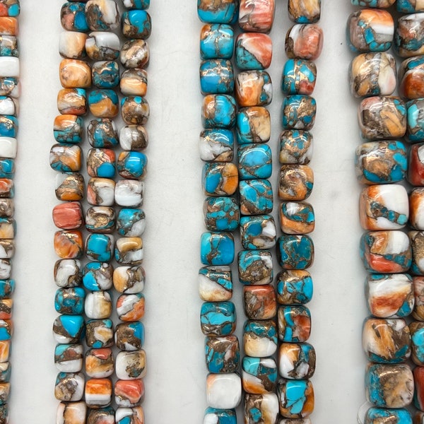 Kingman Turquoise, Spiny Oyster Shell & Bronze Cube Beads - 5-6mm, 7-8mm, 9-10mm, 12-13mm - Sold by 8" Strand