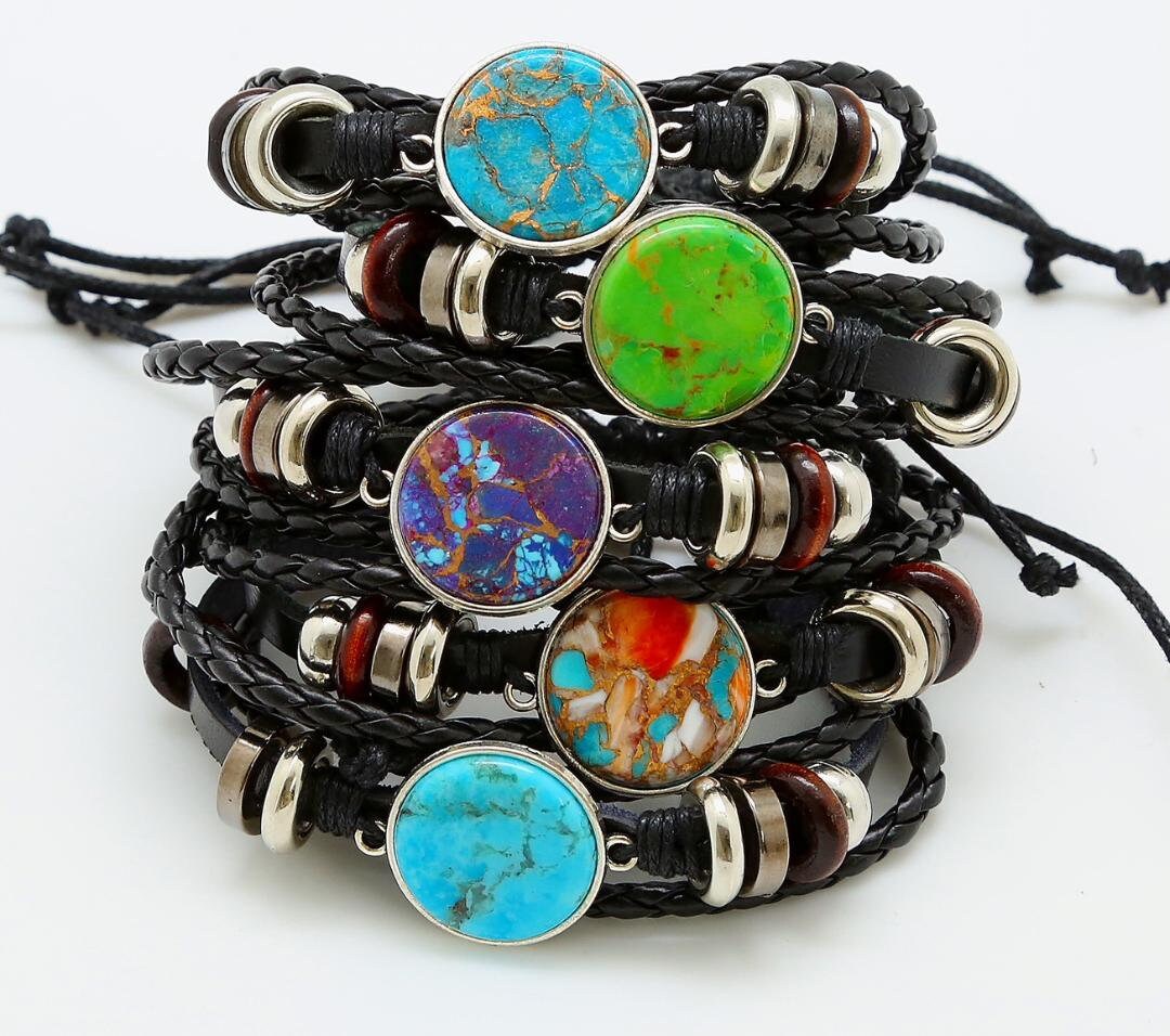Kingman Turquoise Disc Leather Multi Strand Adjustable Bracelet