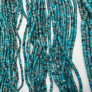 Kingman Turquoise Rustic Heishi Beads - 3-4mm, 4-5mm, 5-6mm, 6-7mm - Blue with Matrix - Sold by 16&quot; Strand - CB