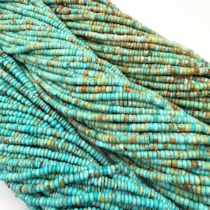May include: Multiple strands of small, flat, disc-shaped turquoise beads. The beads feature a variegated color palette of bright cyan, muted teal, and earthy brown matrix patterns, arranged in long, continuous, parallel rows of circular stones.