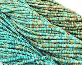 May include: Multiple strands of small, flat, disc-shaped turquoise beads. The beads feature a variegated colour palette of bright cyan, muted teal, and earthy brown matrix patterns, arranged in long, continuous, parallel rows of circular stones.