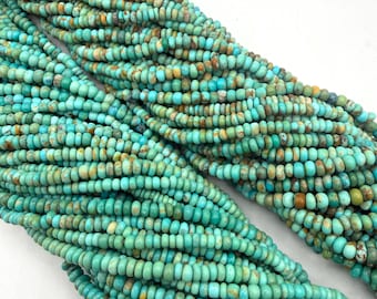 May include: Two long strands of small, round, disc-shaped turquoise beads. The beads feature a vibrant teal and blue colour palette with natural brown matrix inclusions, creating a varied, mottled appearance across the entire length of the strands.