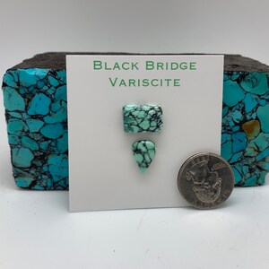 May include: Two pieces of Black Bridge Variscite, a green gemstone with black veins, are displayed on a white card with a US quarter for scale. The card reads "Black Bridge Variscite".