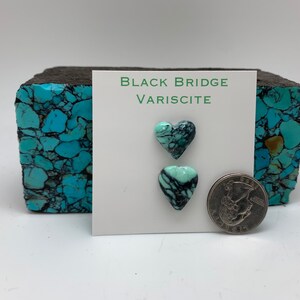 May include: Two heart-shaped turquoise variscite cabochons, one green and one blue, with black veins, on a white card with the text "Black Bridge Variscite". A US quarter is shown for scale.