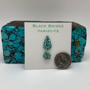 May include: Two turquoise cabochons, one teardrop shaped and one round, set on a white card with the text "Black Bridge Variscite". A US quarter is shown for scale.