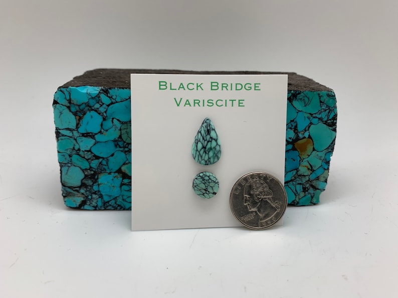 May include: Two turquoise cabochons, one teardrop shaped and one round, set on a white card with the text "Black Bridge Variscite". A US quarter is shown for scale.