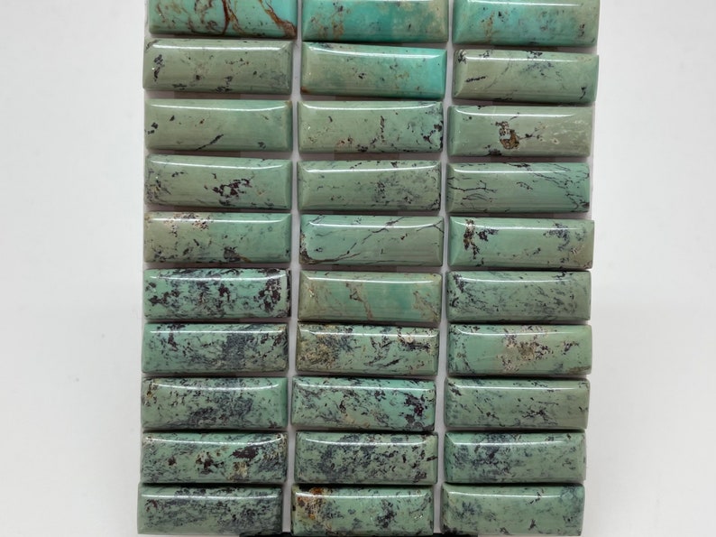7x20mm RECTANGLE Kingman Turquoise Calibrated Cabochons Sold Individually Sold by Card Stabilized, Natural Color Green w Black Matrix