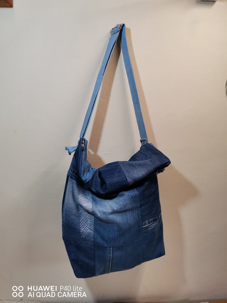 vegan bag with pockets jeans bag with adjustable shoulder strap recycled denim fabric bag