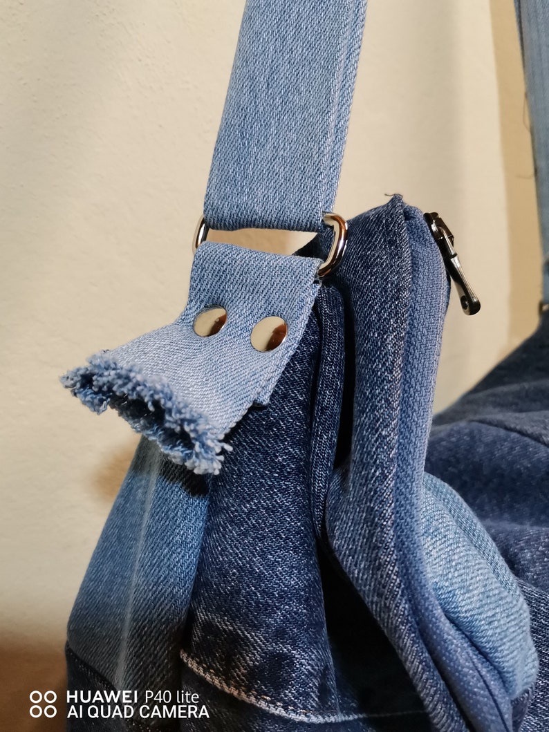 vegan bag with pockets jeans bag with adjustable shoulder strap recycled denim fabric bag