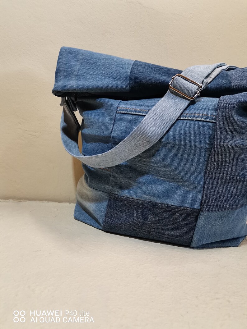 vegan bag with pockets jeans bag with adjustable shoulder strap recycled denim fabric bag