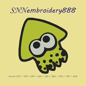May include: Green and black embroidered design of a cartoon squid with large eyes. The design is available in multiple formats, including DST, CSD, EXP, HUS, JEF, SEW, PES, VP3, and XXX.