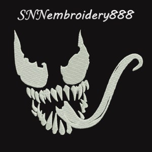 May include: White embroidered design of a snarling monster with a long tongue on a black background. The design is a popular character from a comic book and movie.