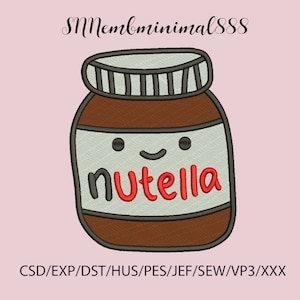 Könnte beinhalten: Eine Cartoon-Illustration eines Nutella-Glases mit einem lächelnden Gesicht und dem Wort "Nutella" in roten Buchstaben auf dem Etikett.