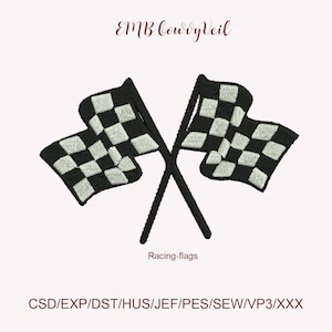 Może przedstawiać: Dwie czarne i białe szachownice wyścigowe skrzyżowane ze sobą. Flagi są haftowane i mają białe tło z czarnymi kwadratami.