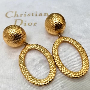 Vintage Christian Dior Hammered Gold Plated Dangle Designer Clip Earrings