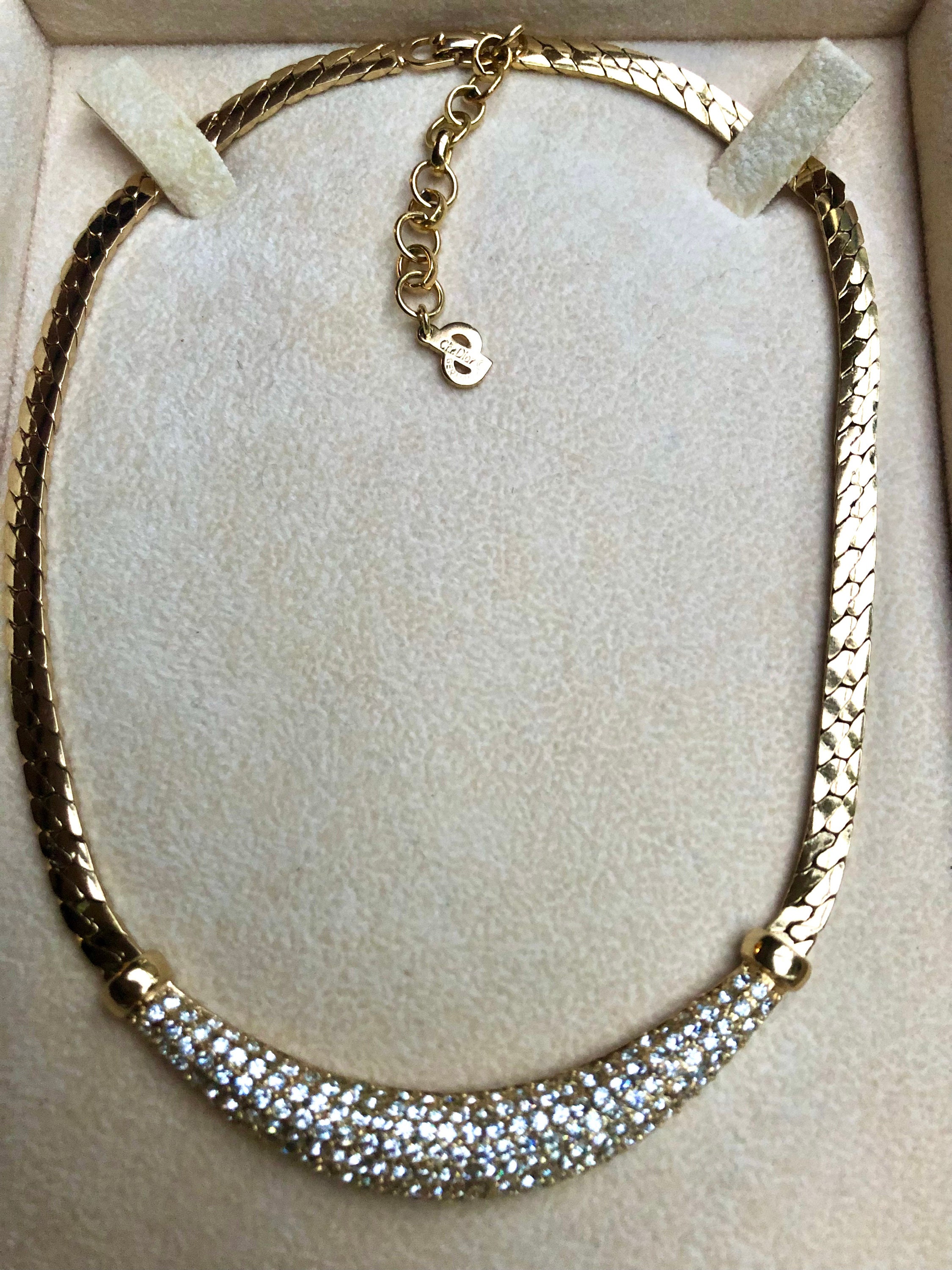 Vintage Christian Dior Gold Plated & Rhinestone Encrusted Necklace 