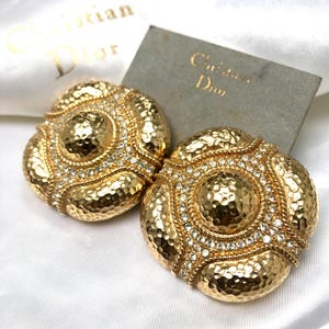 Vintage Christian Dior Statement Designer Clip Earrings, Hammered Gold Plate & Rhinestones