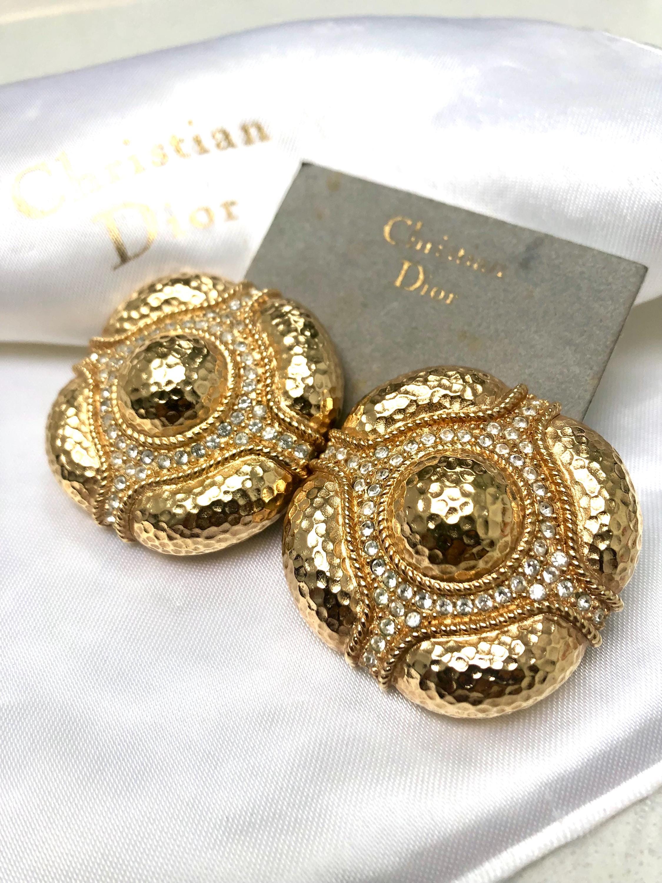Vintage Christian Dior Statement Designer Clip Earrings, Hammered Gold Plate & Rhinestones