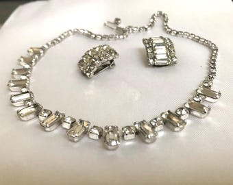 Vintage Kramer New York Rhinestone Demi Parure, Necklace & Clip-On Earrings, 1950s