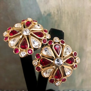 Vintage Christian Dior Red & Clear Crystal Statement Clip Earrings on CD Card