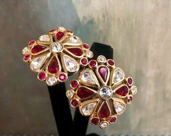 Vintage Christian Dior Red & Clear Crystal Statement Clip Earrings on CD Card