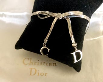 Vintage Dior Silver Plated Bow & CD Charm Designer Bracelet