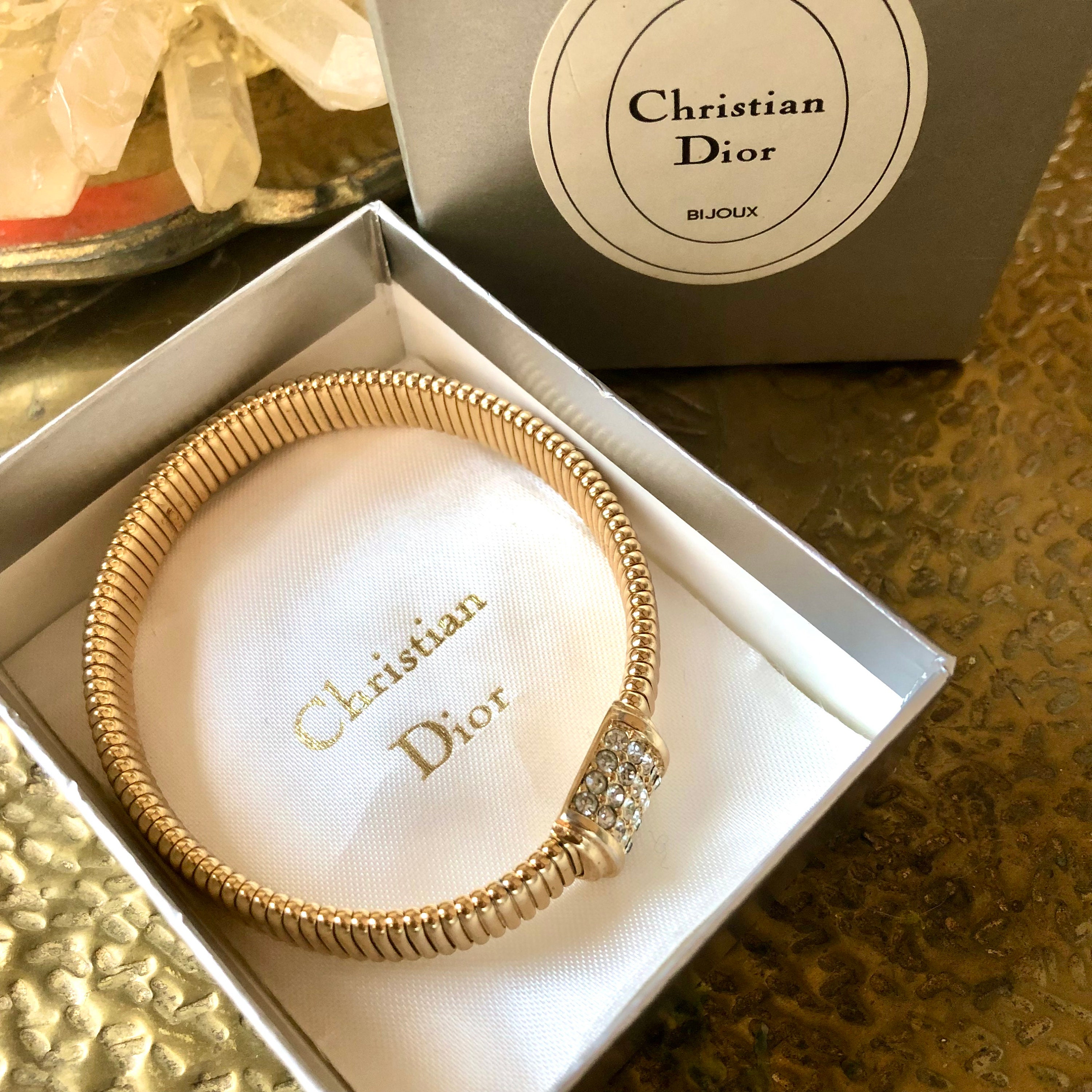 Christian Dior Vintage Omega Style Rhinestone Bracelet With CD Box 